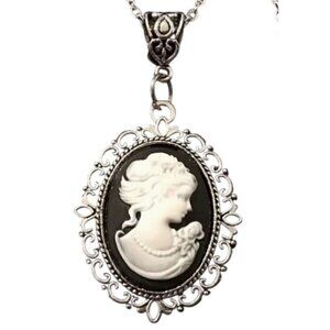 Victorian Style Black Cameo Pendant Necklace With Silver Chain